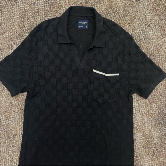 Abercrombie & Fitch Jacquard Checkered Cotton Black Polo M - Picture 2 of 4
